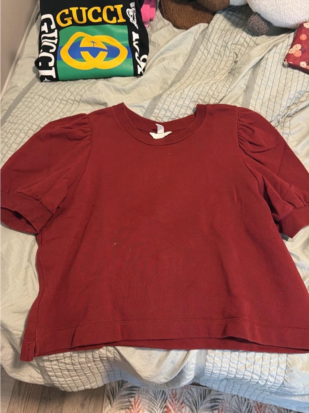 Puff-Sleeve Crewneck Top - Red